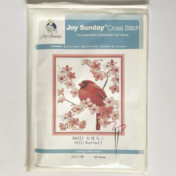 Cardinal Bird Tree Blossoms Stamped Cross Stitch Kit Joy Sunday 16 x 17" New - Picture 2 of 5